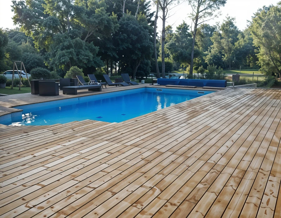 Piscine rectangulaire extérieure avec terrasse en bois exotique, mobilier de jardin moderne gris anthracite incluant transats et salon d'extérieur